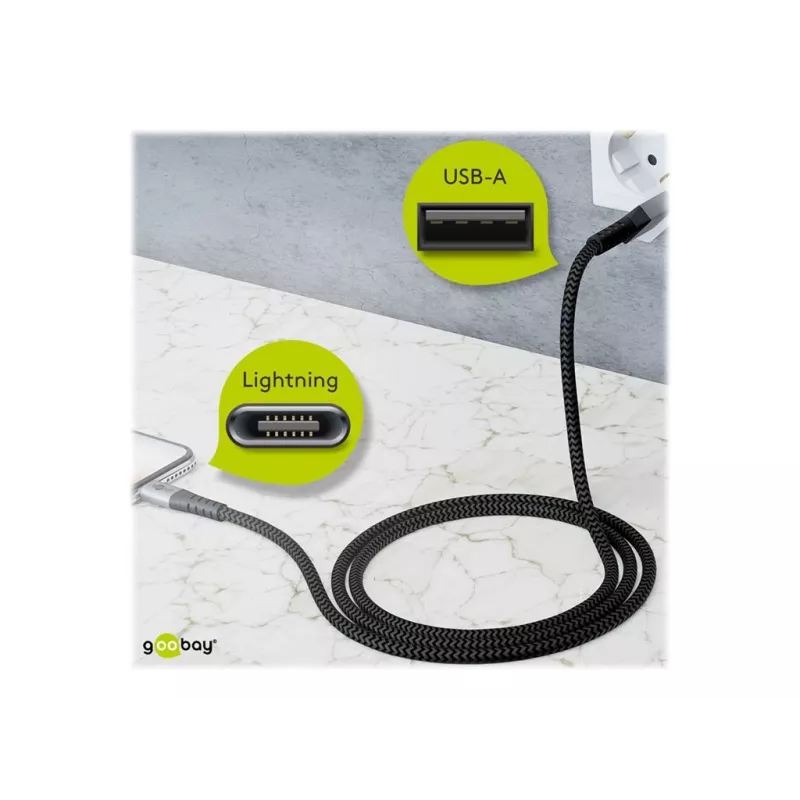 Goobay 49269 USB-A–Lightning-kaapeli, 2 m, tekstiilipäällyste, metalliliittimet, MFi-sertifioitu, USB 2.0, tähtiharmaa/hopea