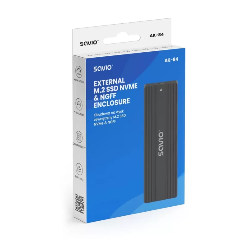 SSD-kotelo SAVIO AK-84 musta M.2-asemille, USB 10 Gbit/s (Type-A / Type-C), alumiini + ABS