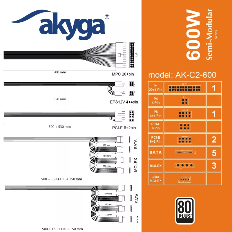 Akyga AK-C2-600 Classic 600 W ATX-virtalähde, osittain modulaarinen, aktiivinen PFC, 120 mm tuuletin