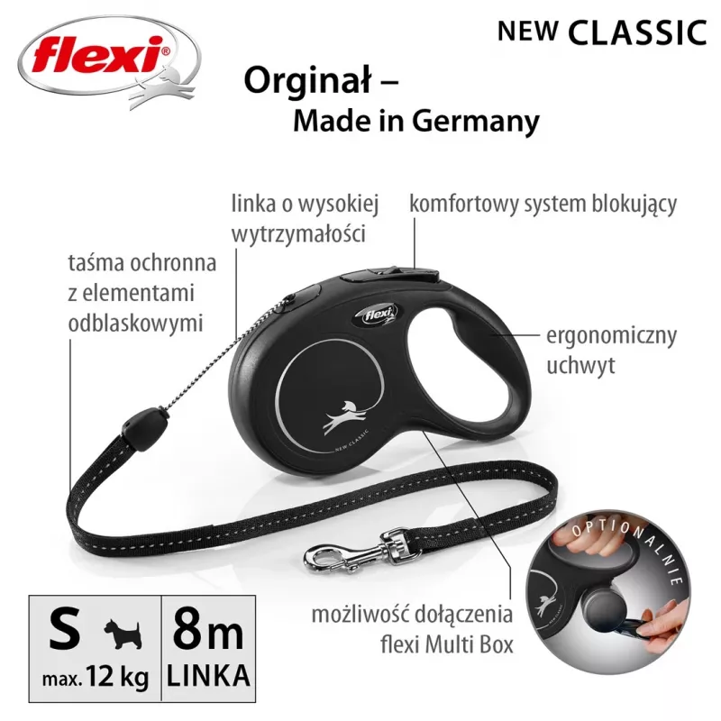 Flexi New Classic 8 m musta koiranhihna rullamekanismilla