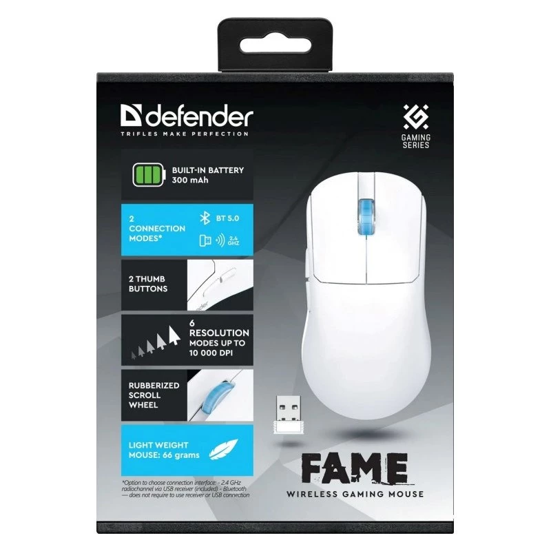 LANGATON hiiri DEFENDER FAME GM-516 RF+BT 10000DPI 6P valkoinen