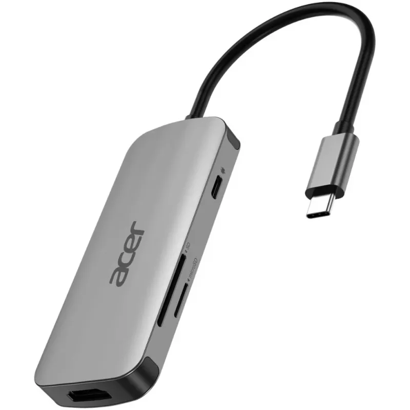 7-in-1 USB-C-adapteri Acer — USB 3.2 Gen 1 Type-C, 3x USB-A, HDMI, SD/MicroSD, 100W PD, hopea