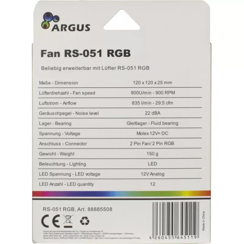 INTER-TECH Argus RS-051 RGB 120 mm kotelotuuletin, 900 kierr./min, musta