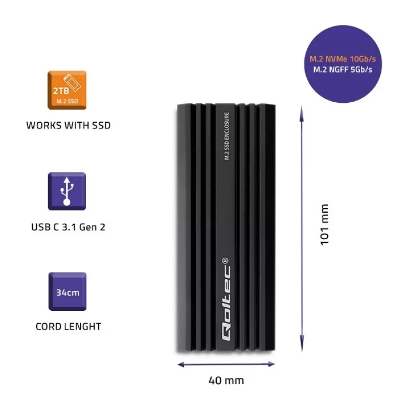 Ulkoinen SSD-kotelo QOLTEC NV2270 M.2 SATA/NVMe-asemille, USB-C, jopa 2 TB