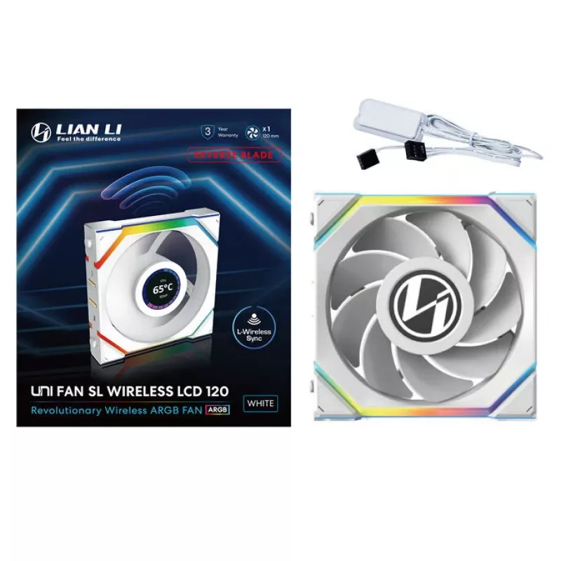 Lian Li UNI FAN SL Wireless LCD 120 Reverse Blade kotelotuuletin, ARGB, PWM, 120 mm, valkoinen