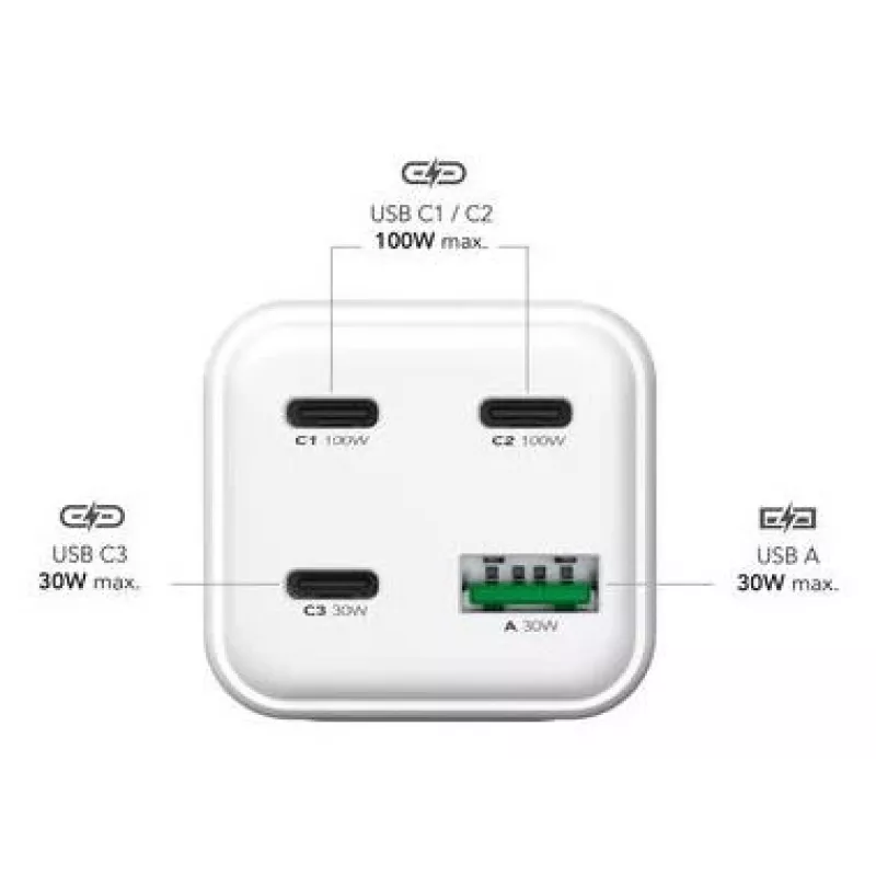 MediaRange MRMA124 matkalaturi 100W AC, 3x USB-C, 100–240V tulo, 1,5 m kaapeli, valkoinen