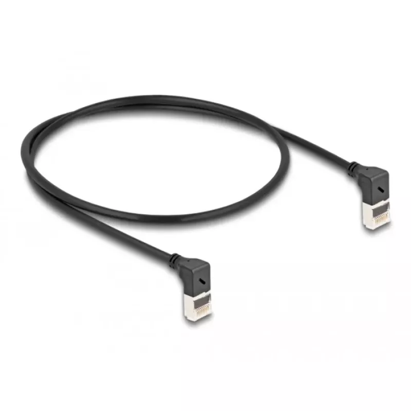 Verkkokaapeli DeLOCK RJ45 Cat.6A S/FTP ohut 90° ylöspäin 0,5 m musta