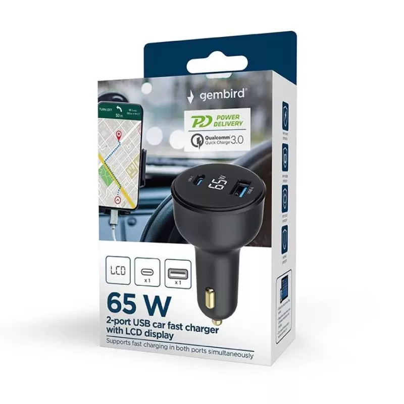 AUTOLATURI USB 2-PORTTINEN/TA-UC-AC2PD30LCD-CAR01 GEMBIRD