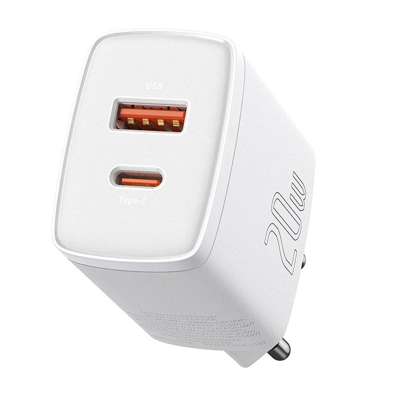 Seinälaaturi Baseus Compact 1x USB-A + 1x USB-C 3A, kompakti matka-adapteri