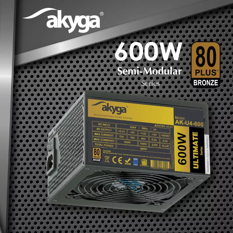 Akyga Ultimate AK-U4-600 ATX-virtalähde 600 W, 80 PLUS Bronze, aktiivinen PFC, 120 mm tuuletin