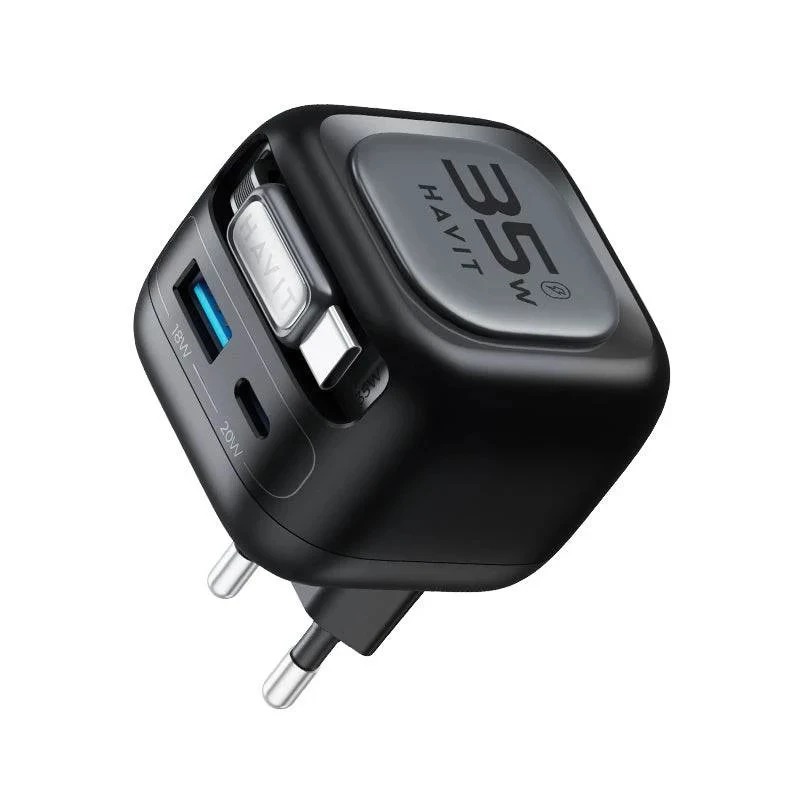Havit UC250 A-EU GaN-matkalaturi ulosvedettävällä kaapelilla, musta