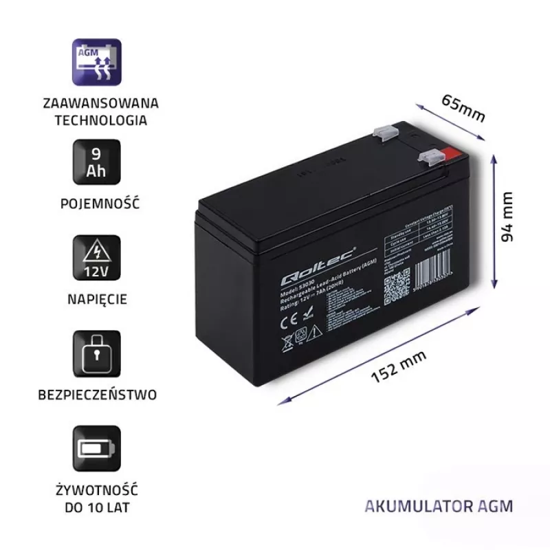 UPS-akku QOLTEC 53031 12V 9Ah vihreä, 152×94×65 mm, 2,35 kg