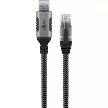 Ethernet-kaapeli USB-A 3.2 Gen1 uros > RJ-45 uros, LAN-sovitin musta/hopea, 10 metriä, punottu tekstiilipäällyste