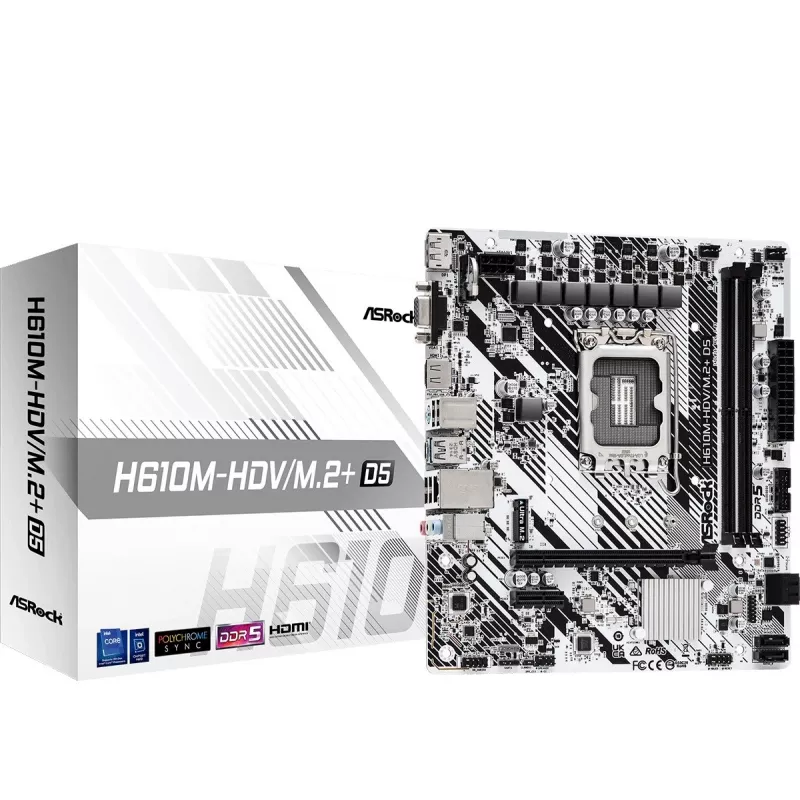 ASRock H610M-HDV/M.2+ D5 emolevy, Intel H610, LGA 1700, Micro-ATX, 2x DDR5 DIMM (enint. 96 GB), PCIe 4.0 x16, 1x M.2, 4x SATA III, HDMI, DisplayPort, VGA, USB-C 3.2 Gen 1, Gigabit LAN