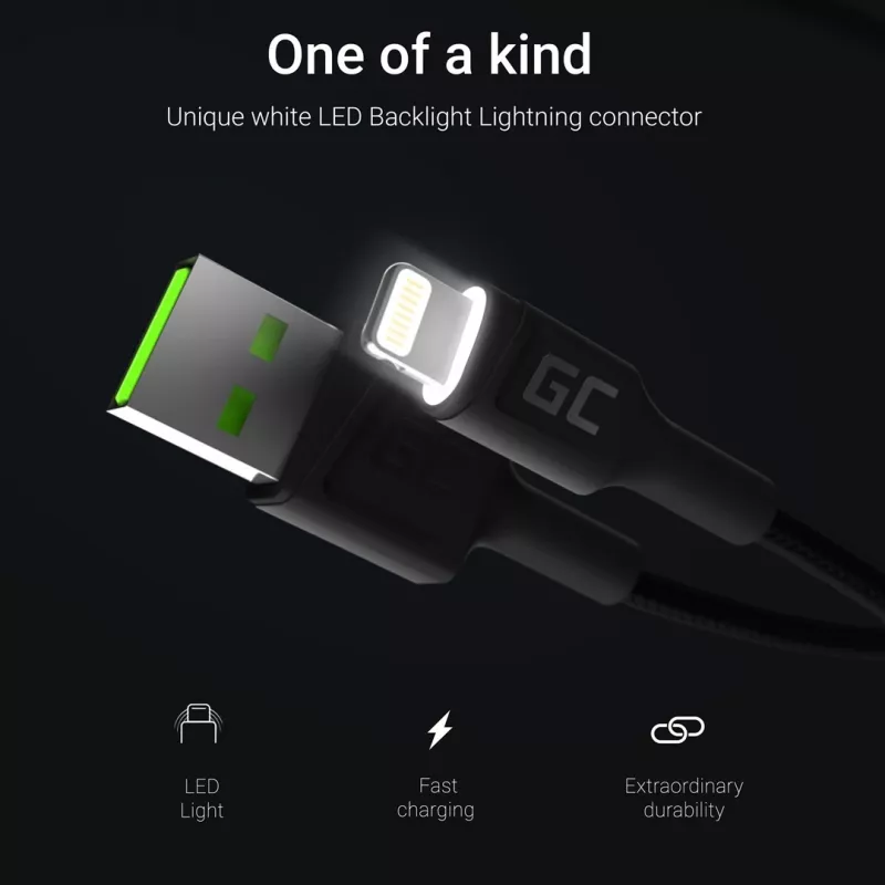 Lightning–USB-A-kaapeli Green Cell KABGC12, 2 m, Lightning – USB A, musta
