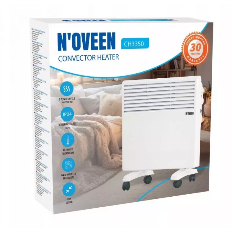 N'OVEEN 1000W sähköinen kannettava seinäkiinnitteinen konvektorilämmitin termostaatilla CH3350