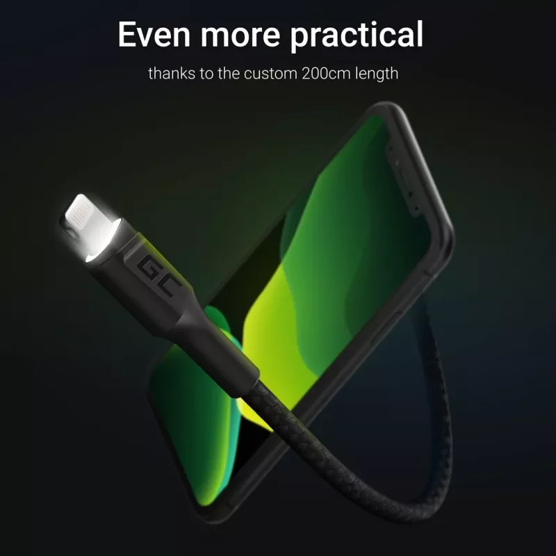 Lightning–USB-A-kaapeli Green Cell KABGC12, 2 m, Lightning – USB A, musta
