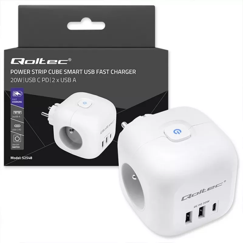 Jatkojohto QOLTEC 52548 3× AC-pistorasialla ja USB-liitännällä
