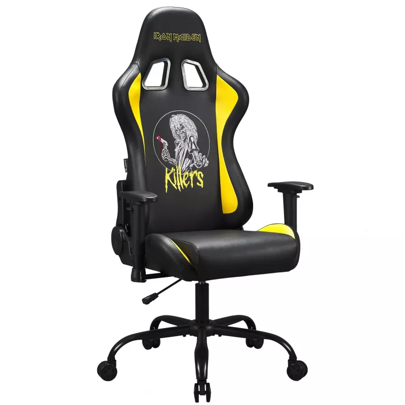 Subsonic SA5609-IM1 Pro Iron Maiden Killers pelituoli, 3D-käsinojat, tekonahka, kallistus 90°–135°, 120 kg, musta keltaisella kirjonnalla