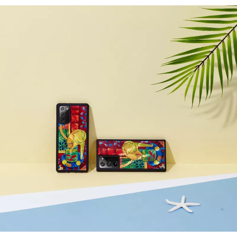 Suojakotelo iKins Samsung Galaxy Note 20:lle punaisella kissa- ja kalakuviolla