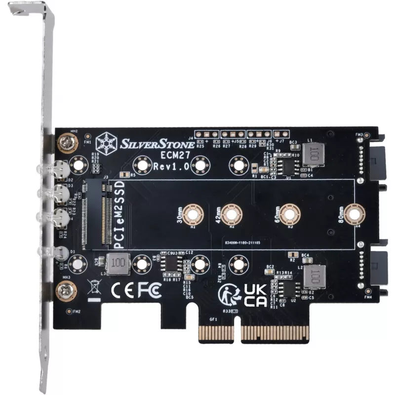 Silverstone SST-ECM27 M.2/SATA-sovitinkortti, PCIe 4.0, 1x M-Key, 2x SATA 6G - Low Profile