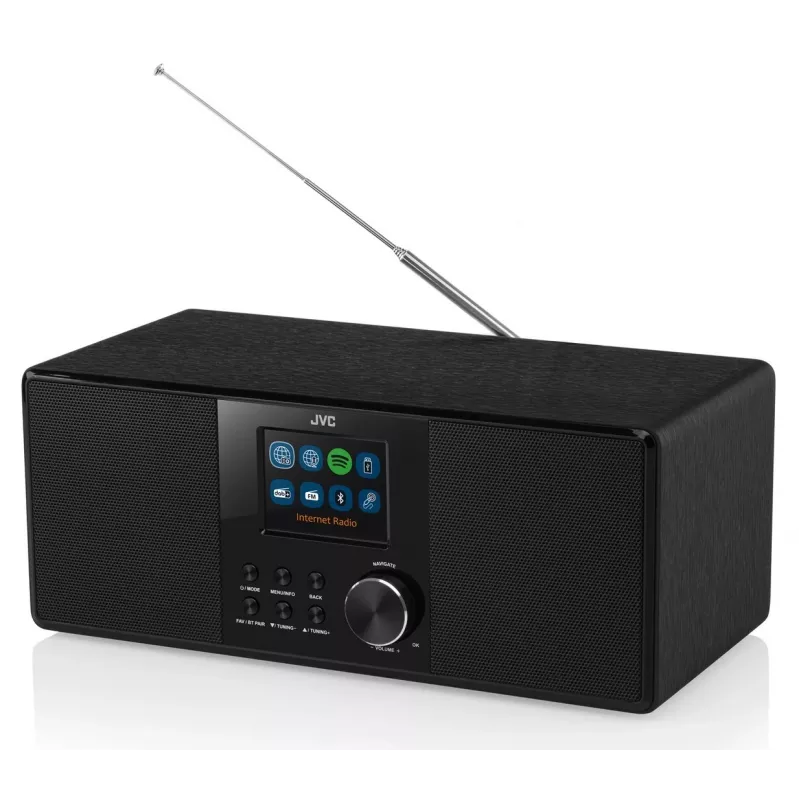 Internetradio JVC RA-E981B — Wi‑Fi- ja Bluetooth-suoratoisto, DAB+, FM, 2x5W, 40 aseman muisti, USB, AUX, LCD-näyttö