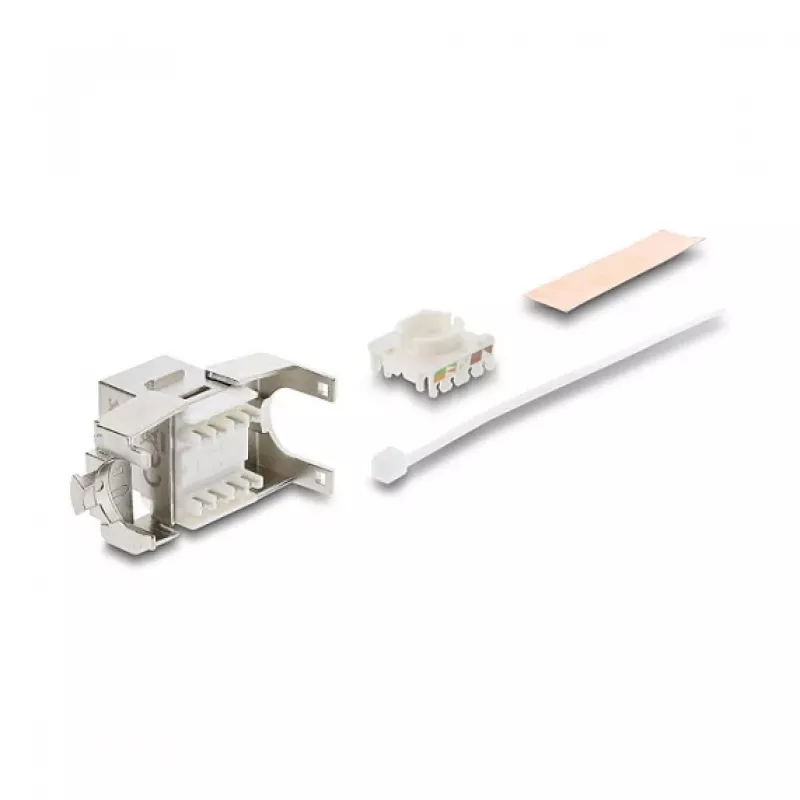Keystone-moduuli DELOCK RJ45-LSA Cat.6A suojattu työkaluton, litteä, hopea/valkoinen, pölysuojuksella