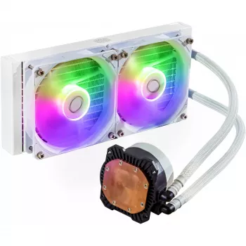 Nestekylmälaite Cooler Master MasterLiquid 240L Core ARGB valkoinen — 240 mm jäähdytin, 120 mm tuuletin, tukee LGA1700/AM5/AM4 ja vanhempia kantoja