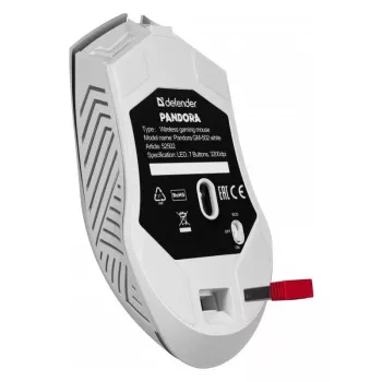Langaton pelihiiri DEFENDER Pandora White – molempikätinen, 3200 DPI, 6 painiketta, ohjelmoitava, optinen, USB