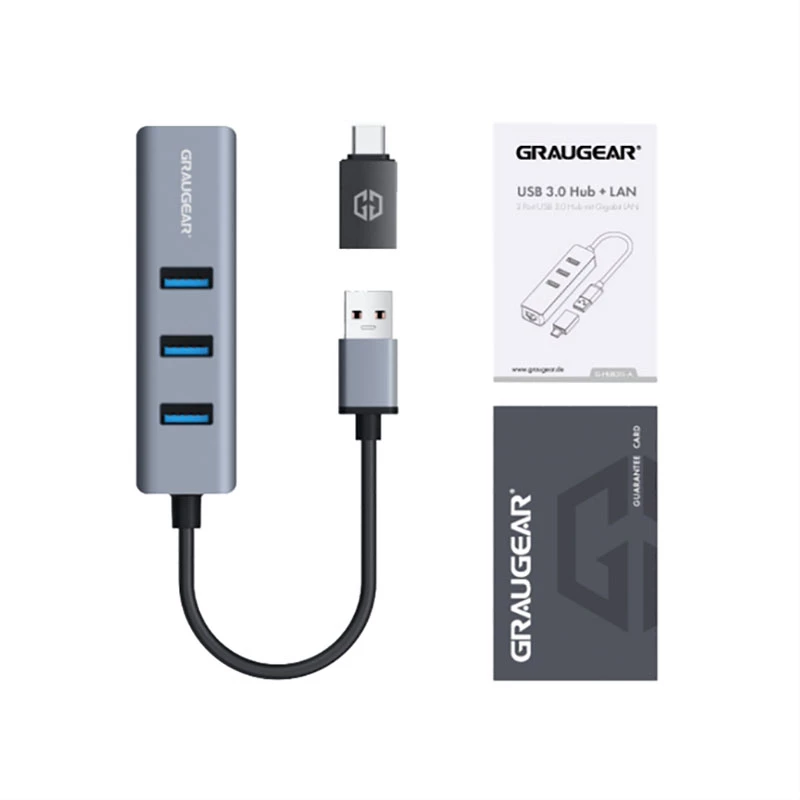 GRAUGEAR USB-keskitin G-HUB31L-A — USB 3.2 Gen 1 Type-A-isäntä, 3x USB 3.2 Gen 1 Type-A-portti + RJ-45, 5000 Mbit/s