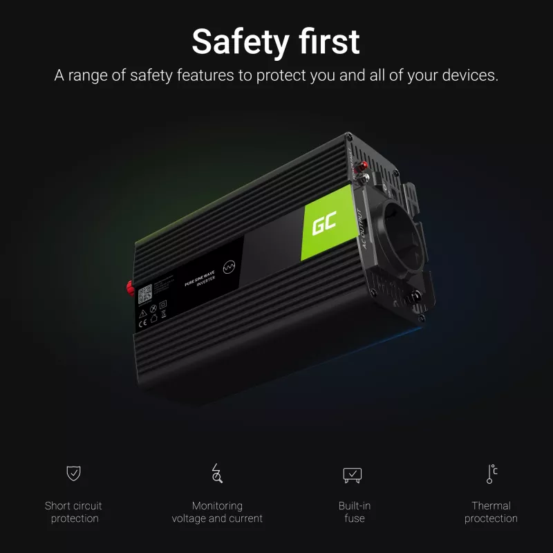Vaihtosuuntaaja Green Cell INV03DE, 12V–230V, 500 W, 50 Hz, 30 A lähtö, musta