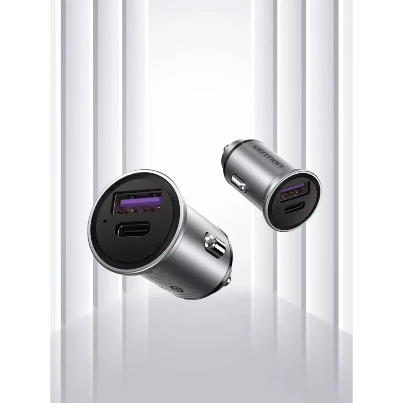 Vention kaksiporttinen USB A+A (30+30) autolaturi harmaa Mini-tyyli alumiiniseos