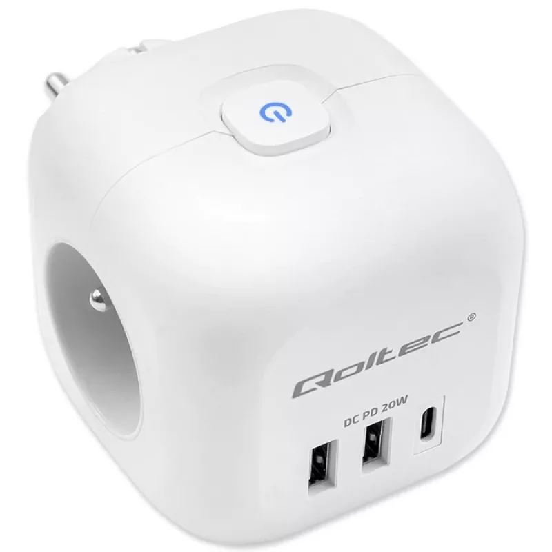 Jatkojohto QOLTEC 52548 3× AC-pistorasialla ja USB-liitännällä