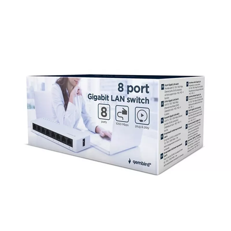 Hallitsematon kytkin GEMBIRD NSW-G8-01 – 8× Gigabit Ethernet (10/100/1000), valkoinen, DC 5V