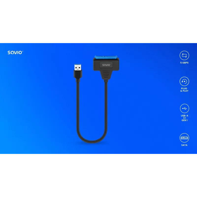SAVIO SATA - USB 3.1 Gen 1 -liitäntäkaapeli AK-68, SATA-pistorasia - USB-A-pistoke, 5 Gbit/s, 0,25 m, musta