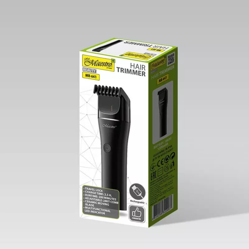 Maestro MR-641 langaton hiustenleikkuri, keraaminen terä, USB ladattava, 1200 mAh, 45×155×30 mm