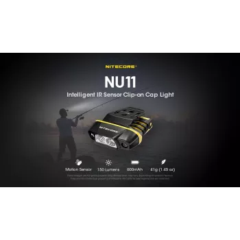 Otsalamppu Nitecore NU11 — 150 lm, IPX5, USB ladattava, 41 g, keltainen/musta
