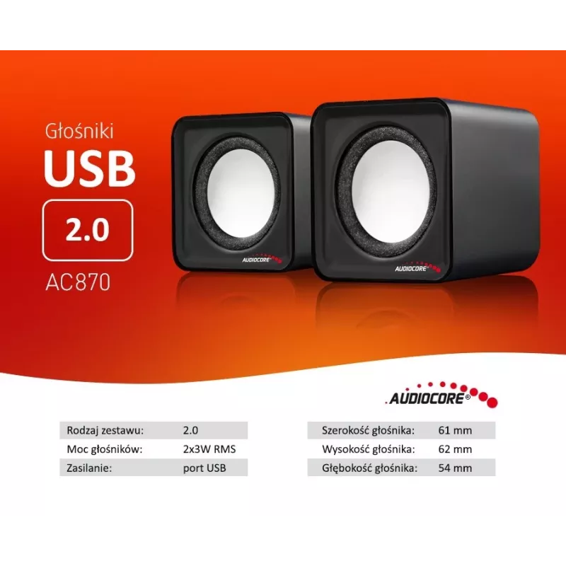 2-tie PC-kaiutin Audiocore AC870 B — 3 W RMS, johdollinen USB-virtalähde, 3,5 mm tulo, 2.0 kanavaa