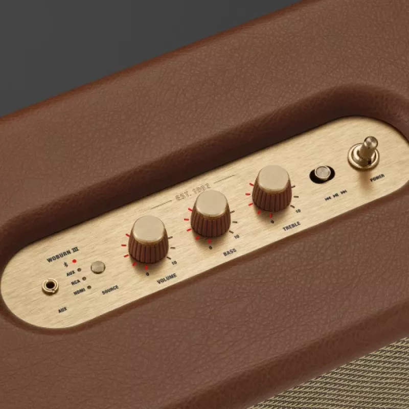Langaton kaiutin MARSHALL Woburn III ruskea — Multiroom, Bluetooth, Wi‑Fi, analogiset tulot