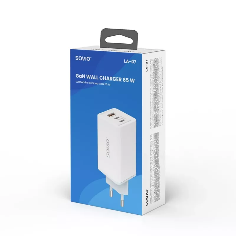 SAVIO LA-07 GaN 65W virtalähde, USB, QC4.0+, PD 3.0, valkoinen
