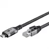 Ethernet-kaapeli USB-C 3.2 Gen2 uros > RJ-45 uros, LAN-sovitin musta/hopea, 2 metriä, punottu tekstiilivaippa