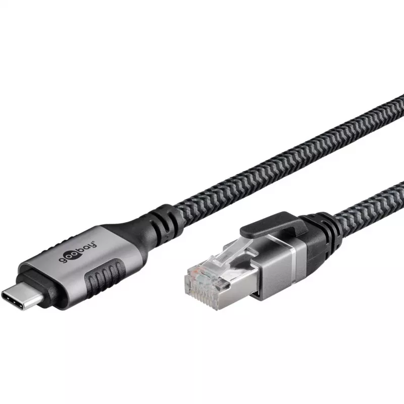Ethernet-kaapeli USB-C 3.2 Gen2 uros > RJ-45 uros, LAN-sovitin musta/hopea, 2 metriä, punottu tekstiilivaippa