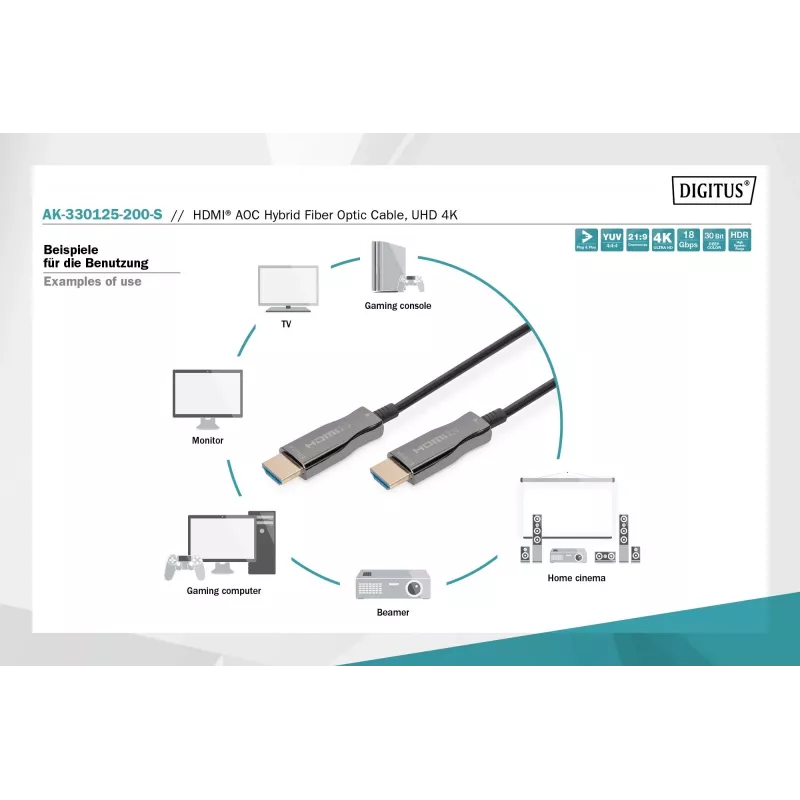 HDMI AOC hybridi-kuituoptinen kaapeli Digitus AK-330125-200-S