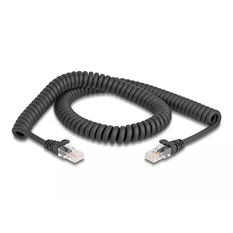 DeLOCK RJ45 spiraalikaapeli, pistoke – pistoke, Cat.5e, 2 m, musta