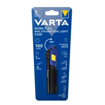 Käsityövalaisin Varta Work Flex musta LED, 100 lm, sisäänrakennettu akku, 6 h, alumiini/nylon/PC/kumi, 120 mm