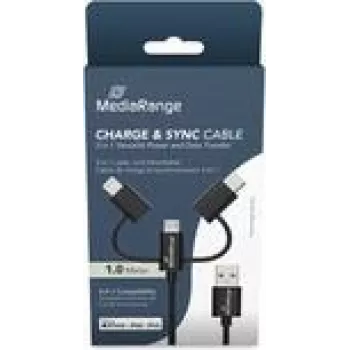 USB-kaapeli MediaRange MRCS246 — 1 m, USB A - USB-C / Micro USB-A / Lightning, USB 2.0, musta