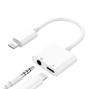 Dual-sovitin iPhone Lightning - 3,5 mm kuulokkeille ja laturille