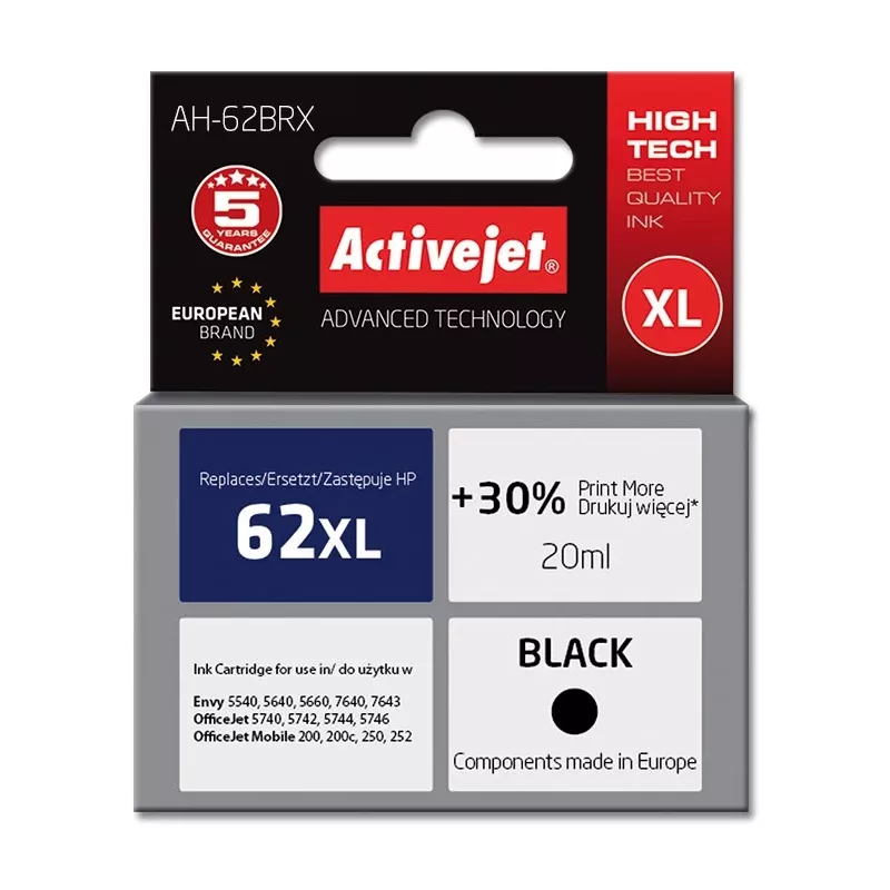 Activejet AH-62BRX muste (korvaa HP 62XL C2P05AE; Premium; 20 ml; musta)