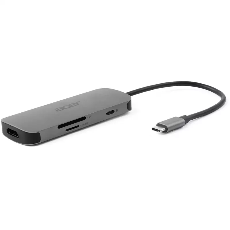 7-in-1 USB-C-adapteri Acer — USB 3.2 Gen 1 Type-C, 3x USB-A, HDMI, SD/MicroSD, 100W PD, hopea