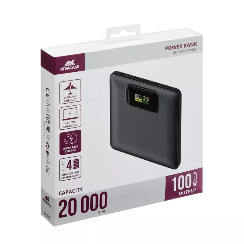 Virtapankki Rivacase VA1090 — 20000 mAh, 77 Wh, kokonaislähtö 100 W, 440 g